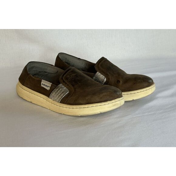 Women's Ariat Brown Leather Slip On Casual Comfort Shoes, Size 9B Silver Trim - Picture 1 of 8